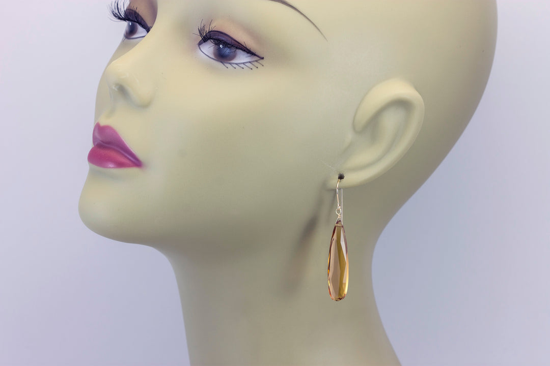 Yellow Champagne Simulated Topaz Earrings Faceted Large Long Dangle 14k Gold or Filled or Sterling Silver Classic Simple Clean 2 Inch Drops