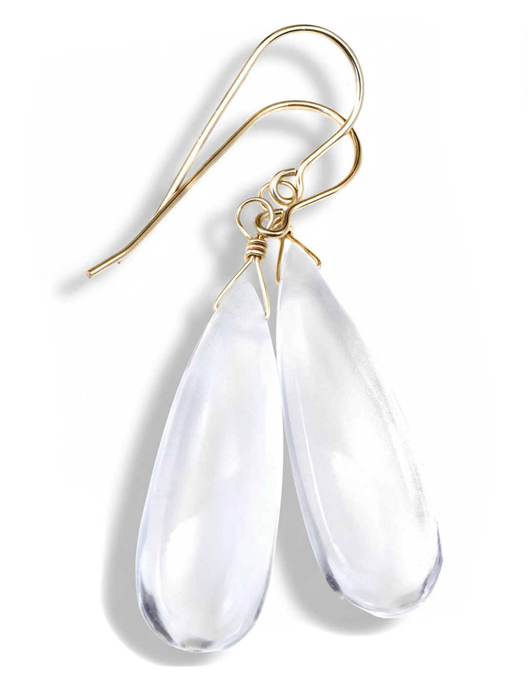 Crystal Clear Quartz Earrings Long Smooth Teardrop Drops 14k Solid Gold or Filled or Sterling Silver Pear Shape Puffed Drops Classic