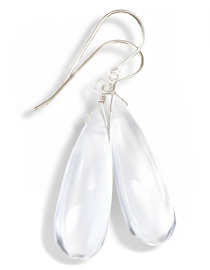 Crystal Clear Quartz Earrings Long Smooth Teardrop Drops 14k Solid Gold or Filled or Sterling Silver Pear Shape Puffed Drops Classic