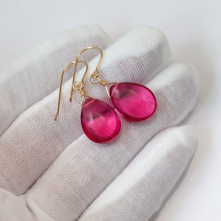 Hot Pink Earrings Smooth Pear Simulated Sapphire Teardrop Drops Dangle Sterling Silver or 14k Solid Gold  or Filled Bright Fuchsia Magenta