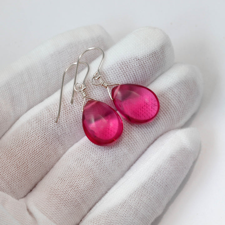 Hot Pink Earrings Smooth Pear Simulated Sapphire Teardrop Drops Dangle Sterling Silver or 14k Solid Gold  or Filled Bright Fuchsia Magenta