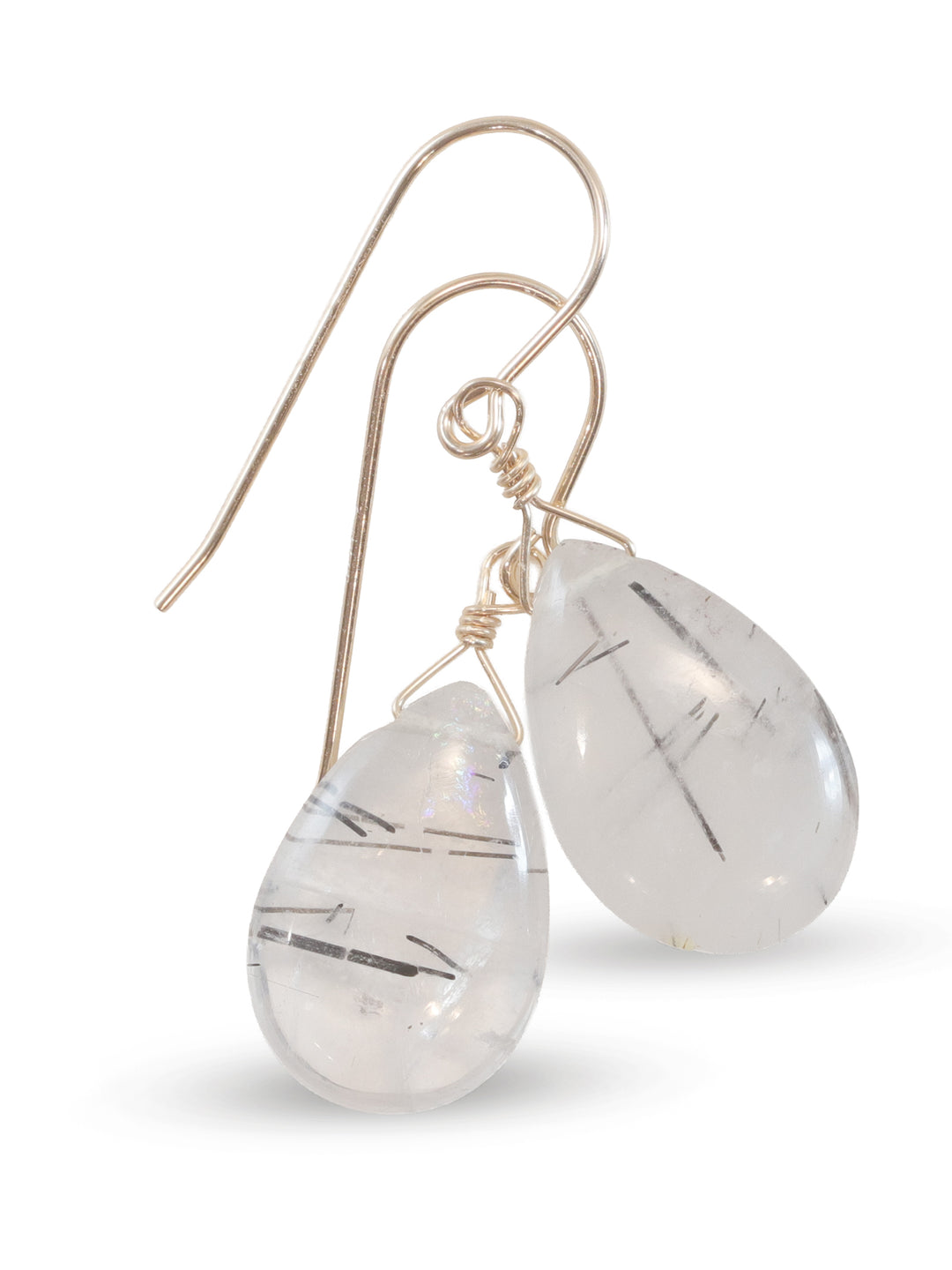 Black Rutile Tourmalated Quartz Earrings Smooth Dangle Rutilated Teardrops 14k Solid Gold or Filled or Sterling Silver Pear Simple Drop