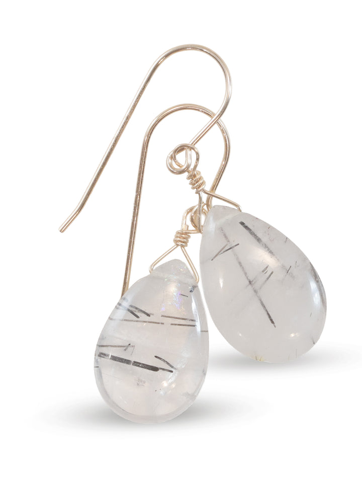 Black Rutile Tourmalated Quartz Earrings Smooth Dangle Rutilated Teardrops 14k Solid Gold or Filled or Sterling Silver Pear Simple Drop