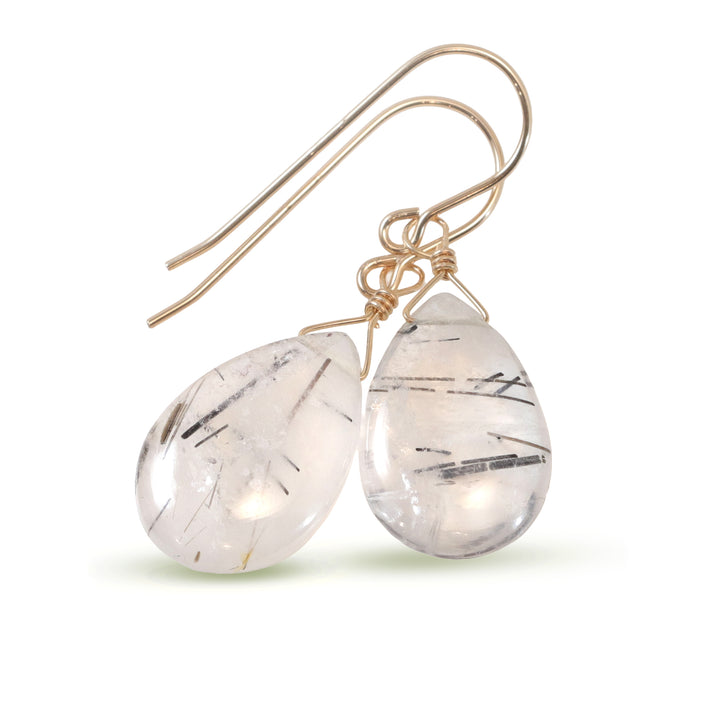 Black Rutile Tourmalated Quartz Earrings Smooth Dangle Rutilated Teardrops 14k Solid Gold or Filled or Sterling Silver Pear Simple Drop