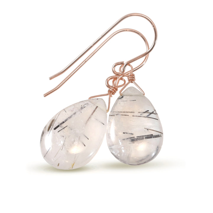 Black Rutile Tourmalated Quartz Earrings Smooth Dangle Rutilated Teardrops 14k Solid Gold or Filled or Sterling Silver Pear Simple Drop