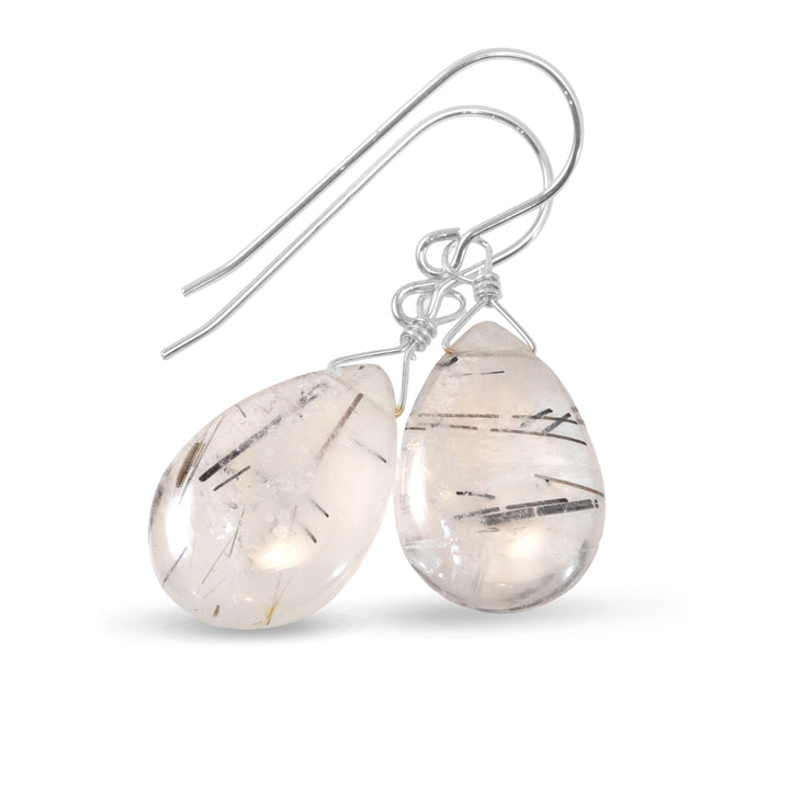 Black Rutile Tourmalated Quartz Earrings Smooth Dangle Rutilated Teardrops 14k Solid Gold or Filled or Sterling Silver Pear Simple Drop