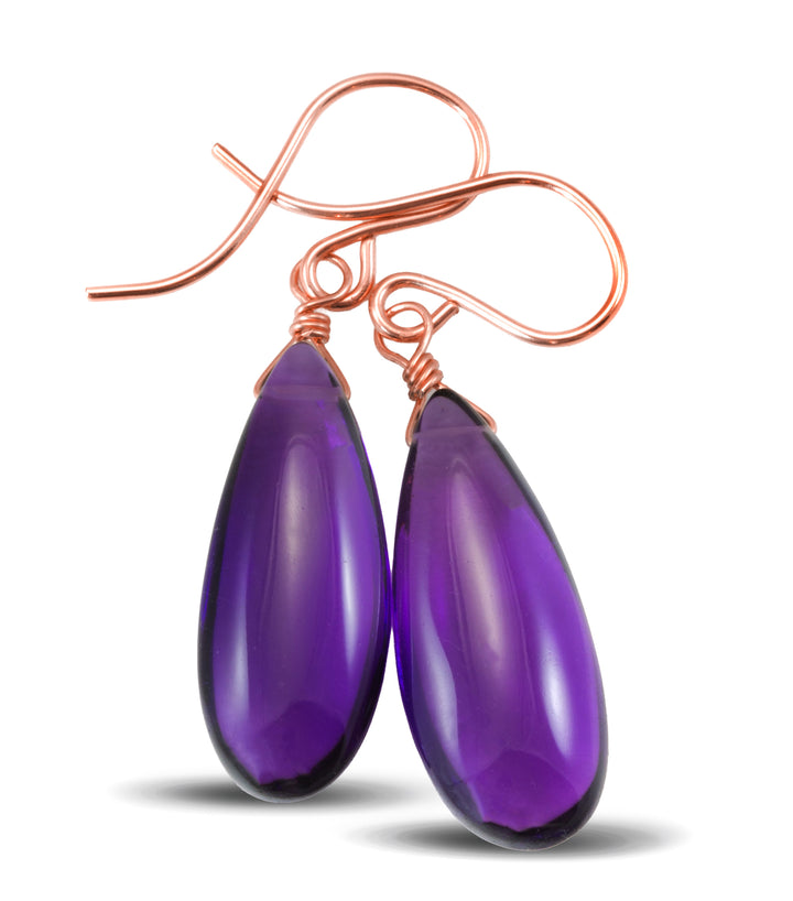 Simulated Amethyst Purple Smooth Long Earrings 1.4" – Sterling Silver or 14k Gold