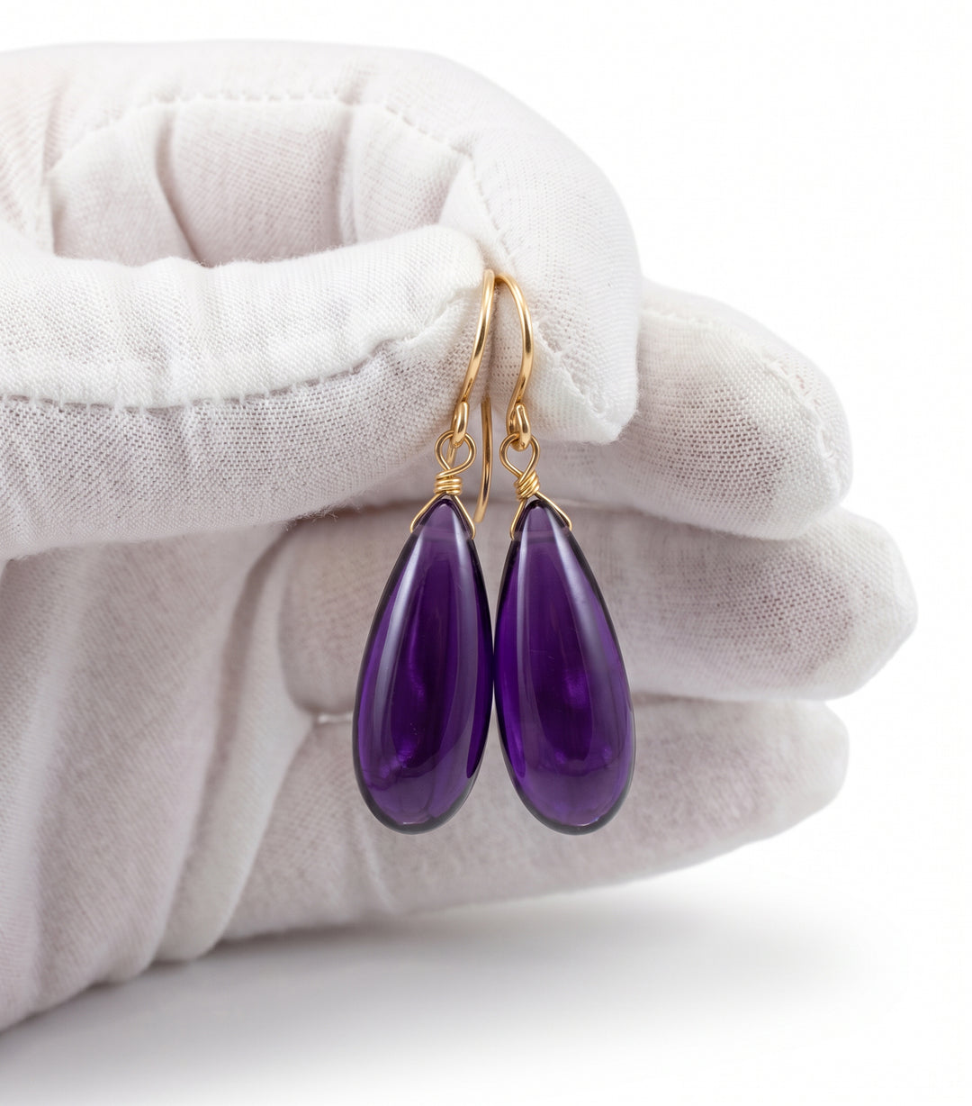 Simulated Amethyst Purple Smooth Long Earrings 1.4" – Sterling Silver or 14k Gold