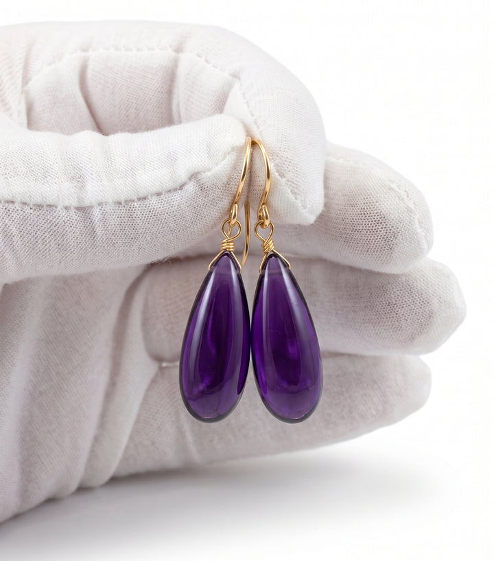 Simulated Amethyst Purple Smooth Long Earrings 1.4" – Sterling Silver or 14k Gold
