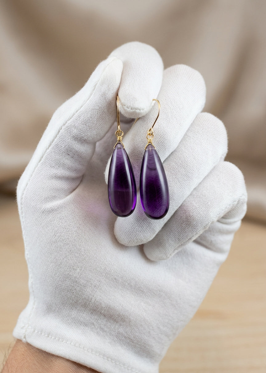 Simulated Amethyst Purple Earrings 1.4" – Sterling Silver or 14k Gold