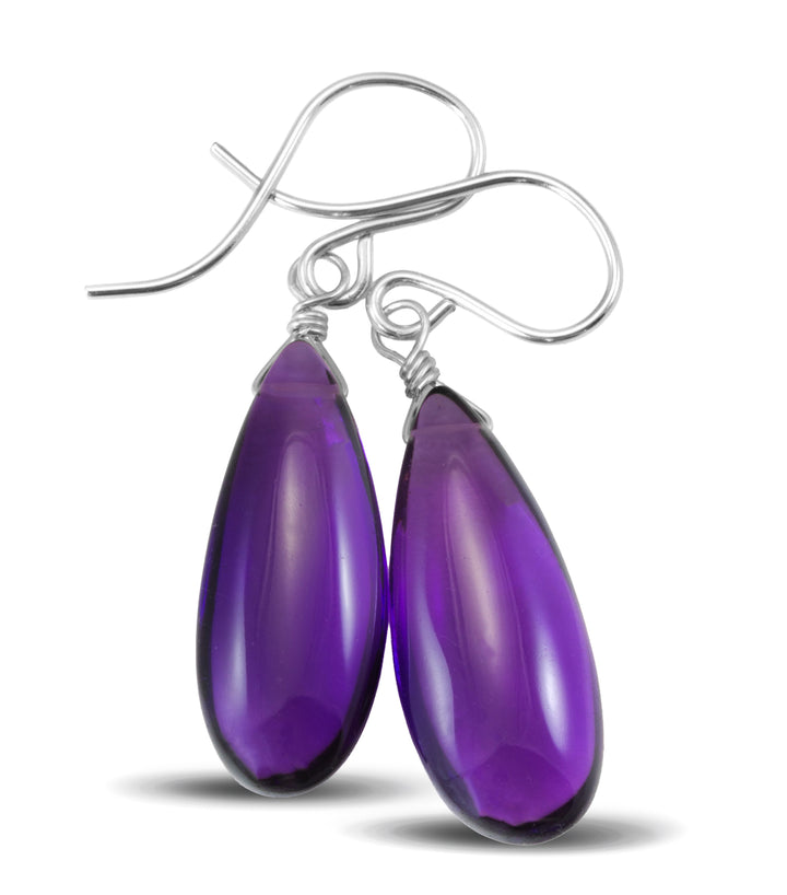 Simulated Amethyst Purple Smooth Long Earrings 1.4" – Sterling Silver or 14k Gold