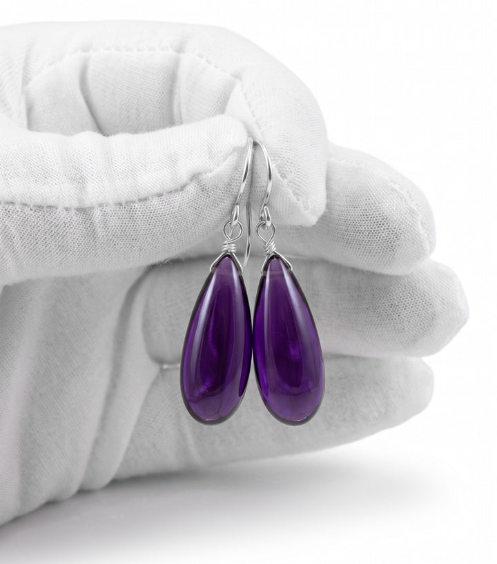 Simulated Amethyst Purple Smooth Long Earrings 1.4" – Sterling Silver or 14k Gold