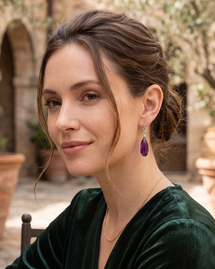 Simulated Amethyst Purple Smooth Long Earrings 1.4" – Sterling Silver or 14k Gold