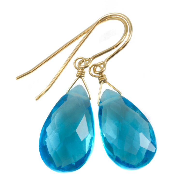 London Blue Earrings Faceted Simulated Topaz Pear Drops 14k Solid Gold or Filled or Sterling Silver Soft Smokey Blue smoky lightweight Drops
