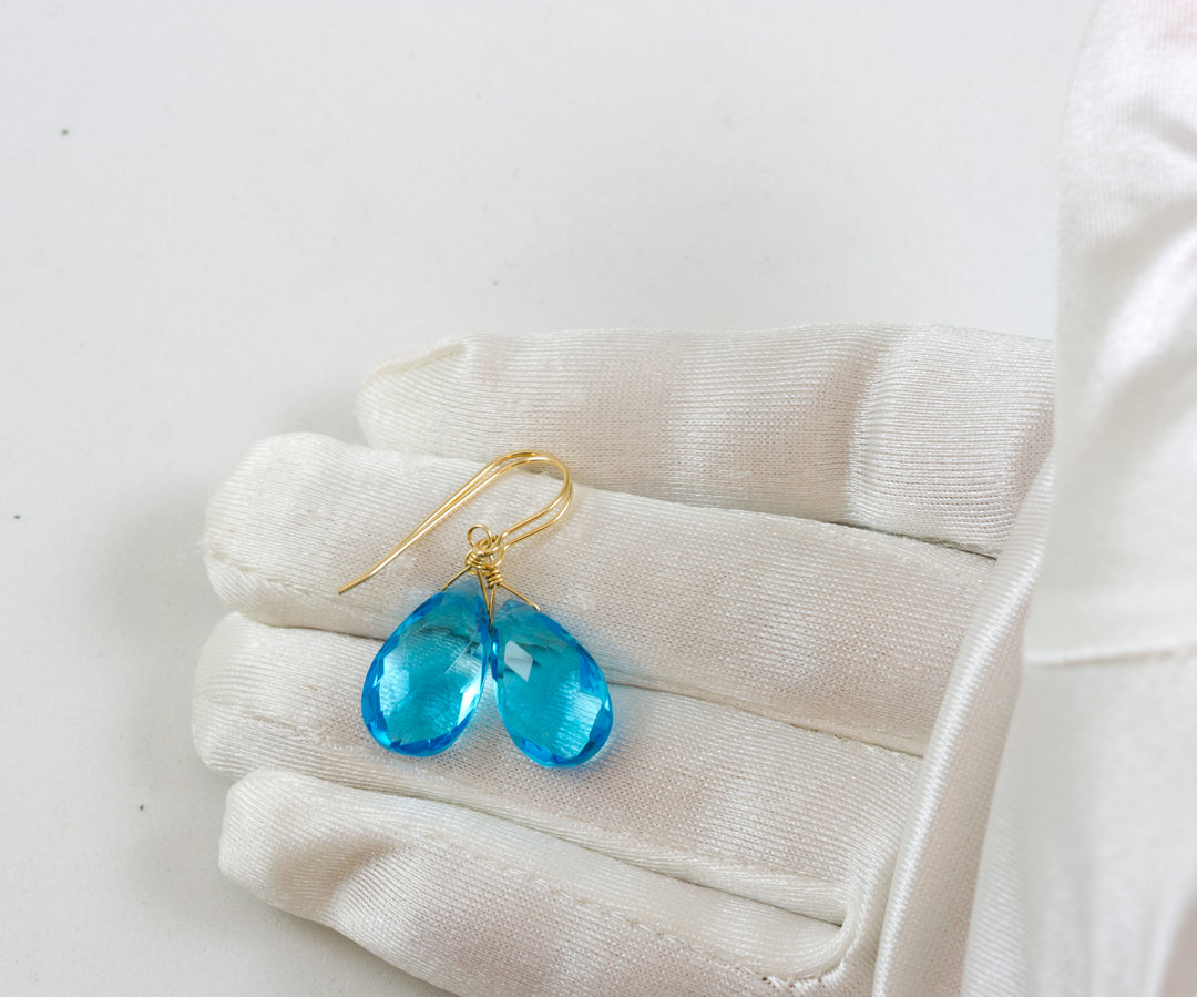 London Blue Earrings Faceted Simulated Topaz Pear Drops 14k Solid Gold or Filled or Sterling Silver Soft Smokey Blue smoky lightweight Drops