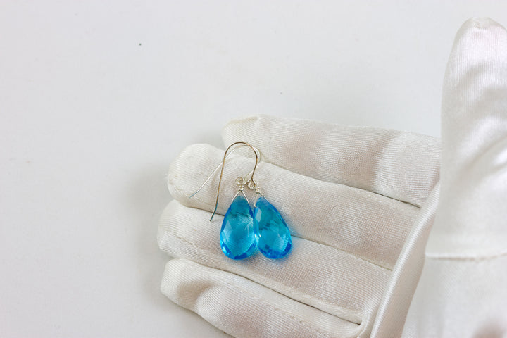 London Blue Earrings Faceted Simulated Topaz Pear Drops 14k Solid Gold or Filled or Sterling Silver Soft Smokey Blue smoky lightweight Drops