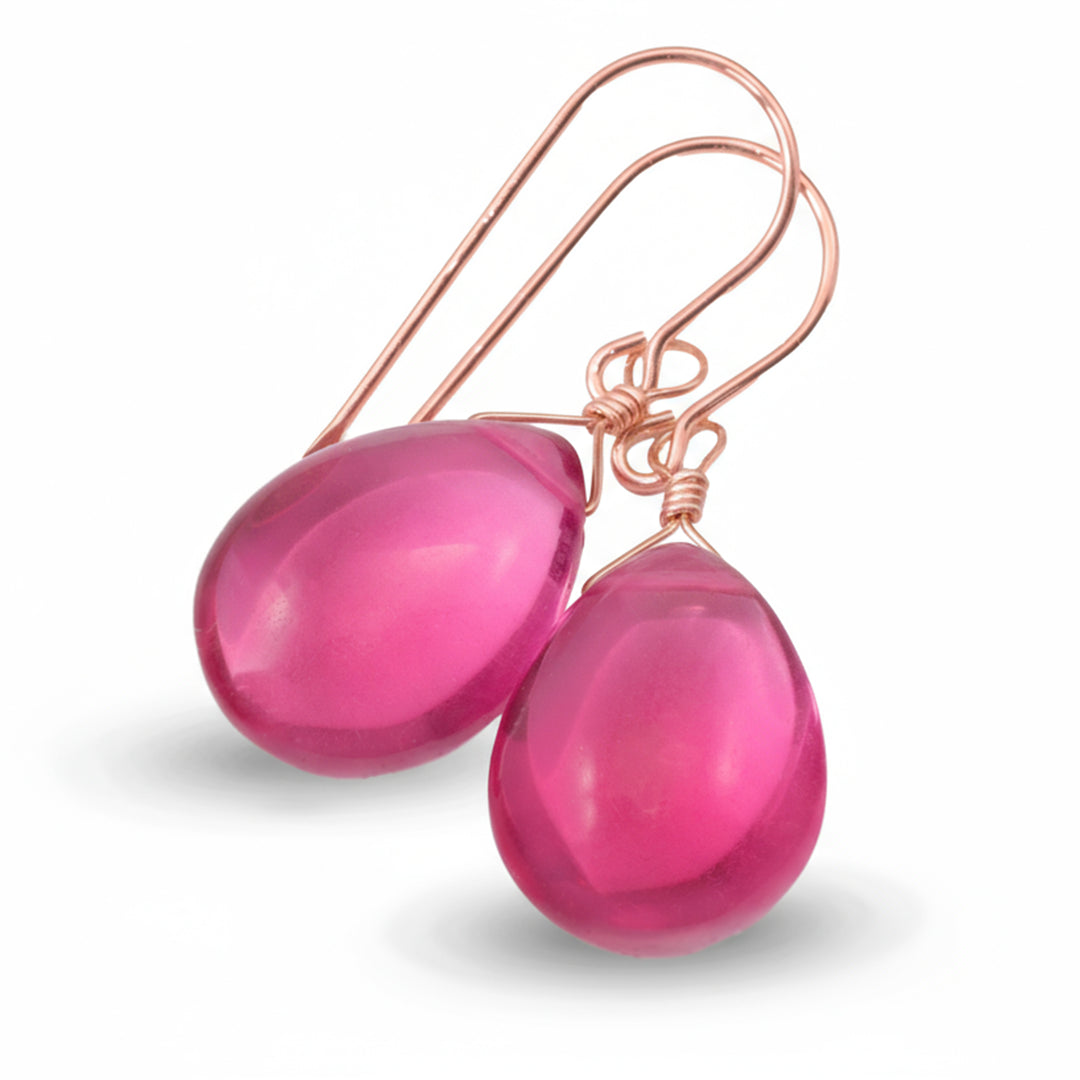 Hot Pink Earrings Smooth Pear Simulated Sapphire Teardrop Drops Dangle Sterling Silver or 14k Solid Gold  or Filled Bright Fuchsia Magenta