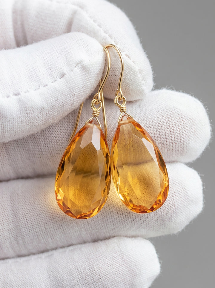 Madeira Simulated Citrine Earrings Dark Yellow Large Faceted Teardrops Drops 14k solid gold or filled or Sterling Silver