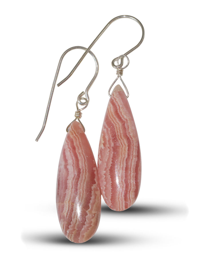 Natural Pink Rhodochrosite Earrings Smooth Large Long Briolette Dangle Drops Sterling Silver or 14k Solid Gold or Filled Teardrops AAAA