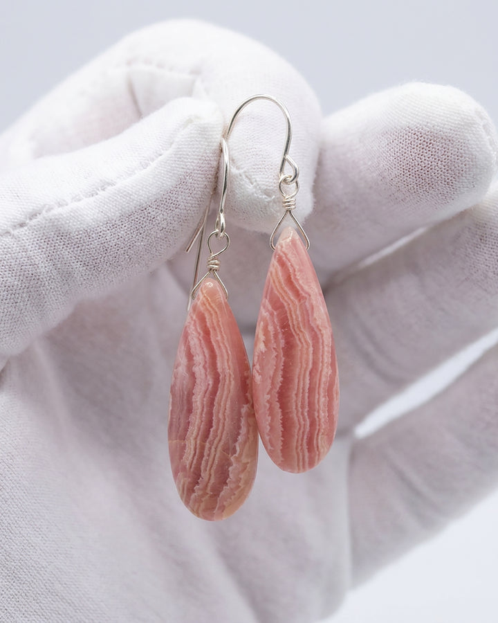 Natural Pink Rhodochrosite Earrings Smooth Large Long Briolette Dangle Drops Sterling Silver or 14k Solid Gold or Filled Teardrops AAAA