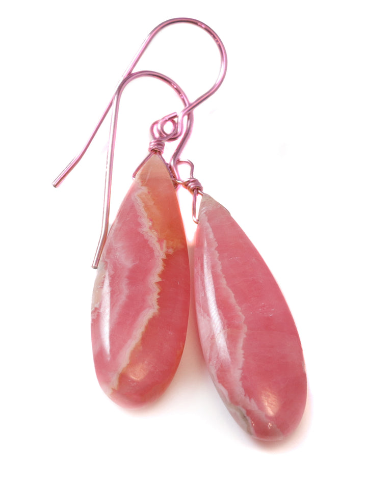 Natural Pink Rhodochrosite Earrings Smooth Large Long Briolette Dangle Drops Sterling Silver or 14k Solid Gold or Filled Teardrops AAAA
