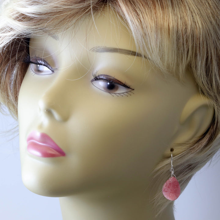 Pink Rhodochrosite Earrings Smooth Natural Teardrop Dangle Drops Sterling Silver or 14k Solid Gold or Filled Natural Earthy Pink Simple Drop