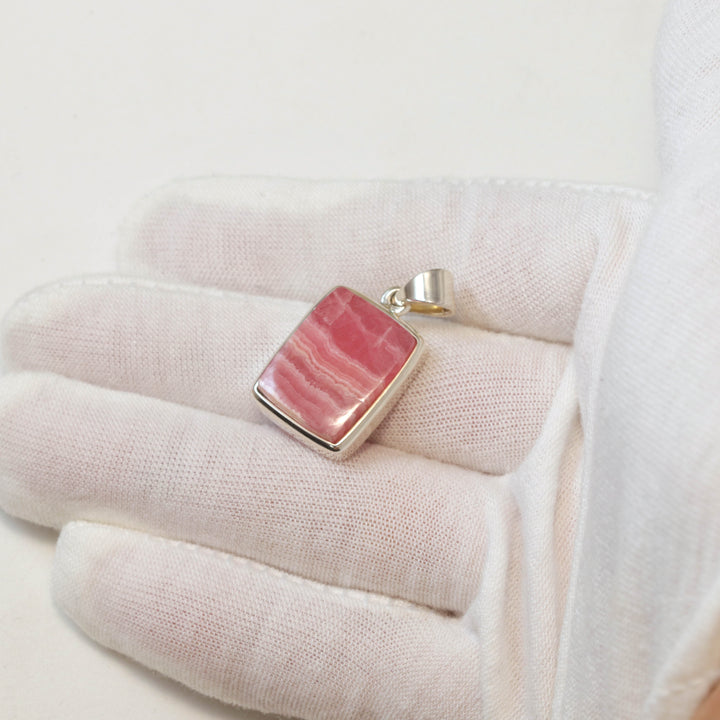 Rhodochrosite Necklace Pendant Natural Pink Genuine Contemporary Rectangle Cut Sterling Silver Bezel