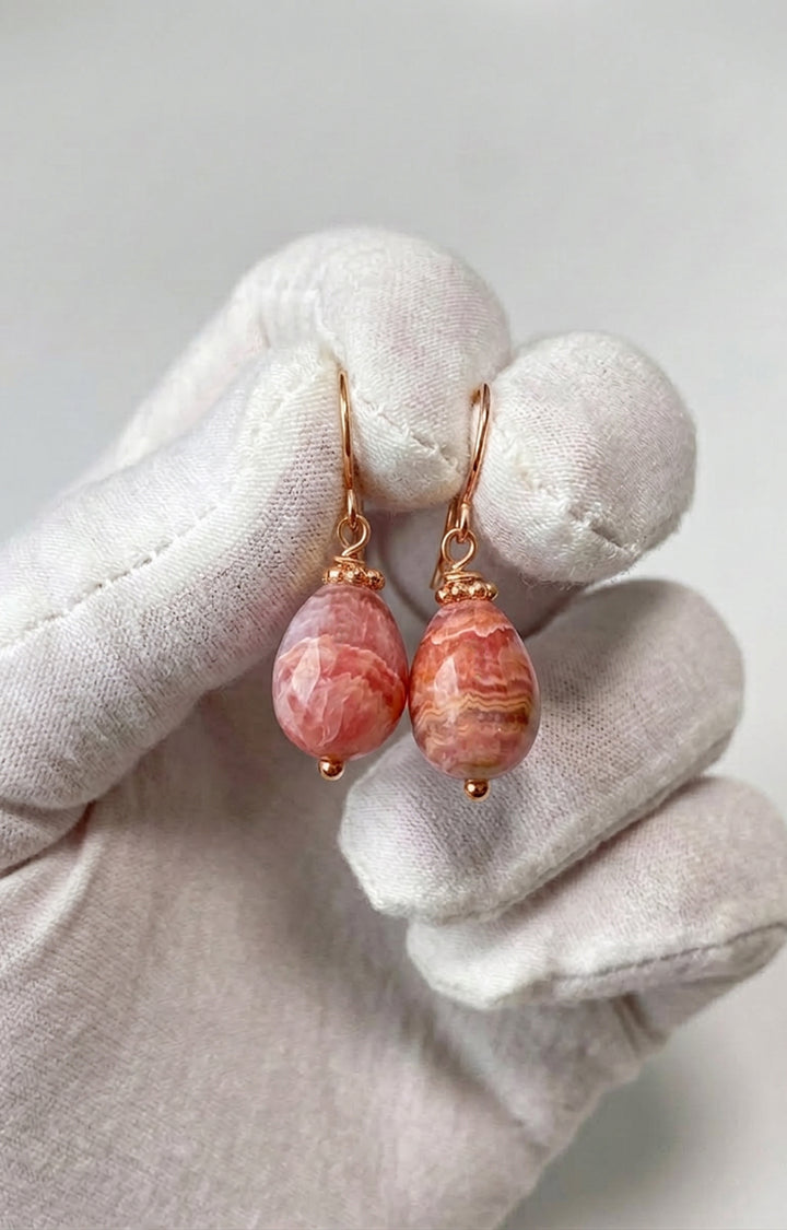 Rhodochrosite Earrings Smooth Natural PInk Teardrop Dangle Drops Sterling Silver or 14k Solid Gold or Filled Dainty Small Simple Earthy Pink