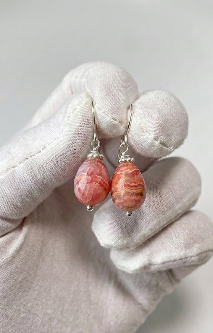 Rhodochrosite Earrings Smooth Natural PInk Teardrop Dangle Drops Sterling Silver or 14k Solid Gold or Filled Dainty Small Simple Earthy Pink