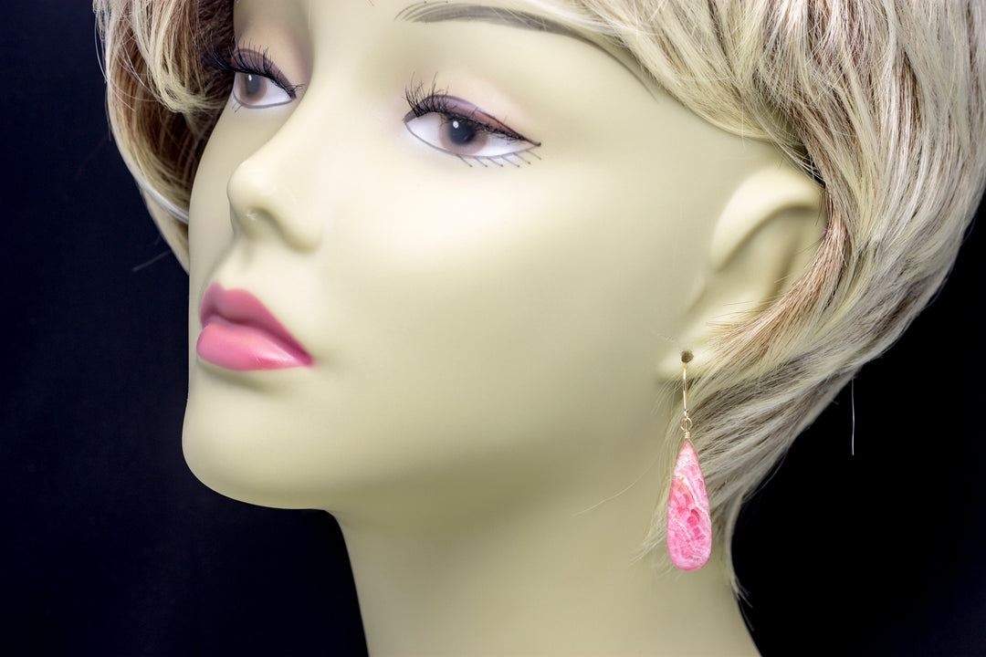 Natural Pink Rhodochrosite Earrings Smooth Large Long Briolette Dangle Drops Sterling Silver or 14k Solid Gold or Filled Teardrops AAAA