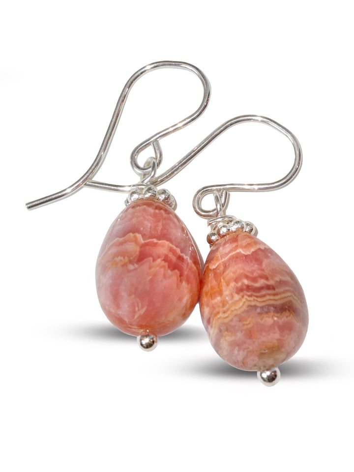 Rhodochrosite Earrings Smooth Natural PInk Teardrop Dangle Drops Sterling Silver or 14k Solid Gold or Filled Dainty Small Simple Earthy Pink