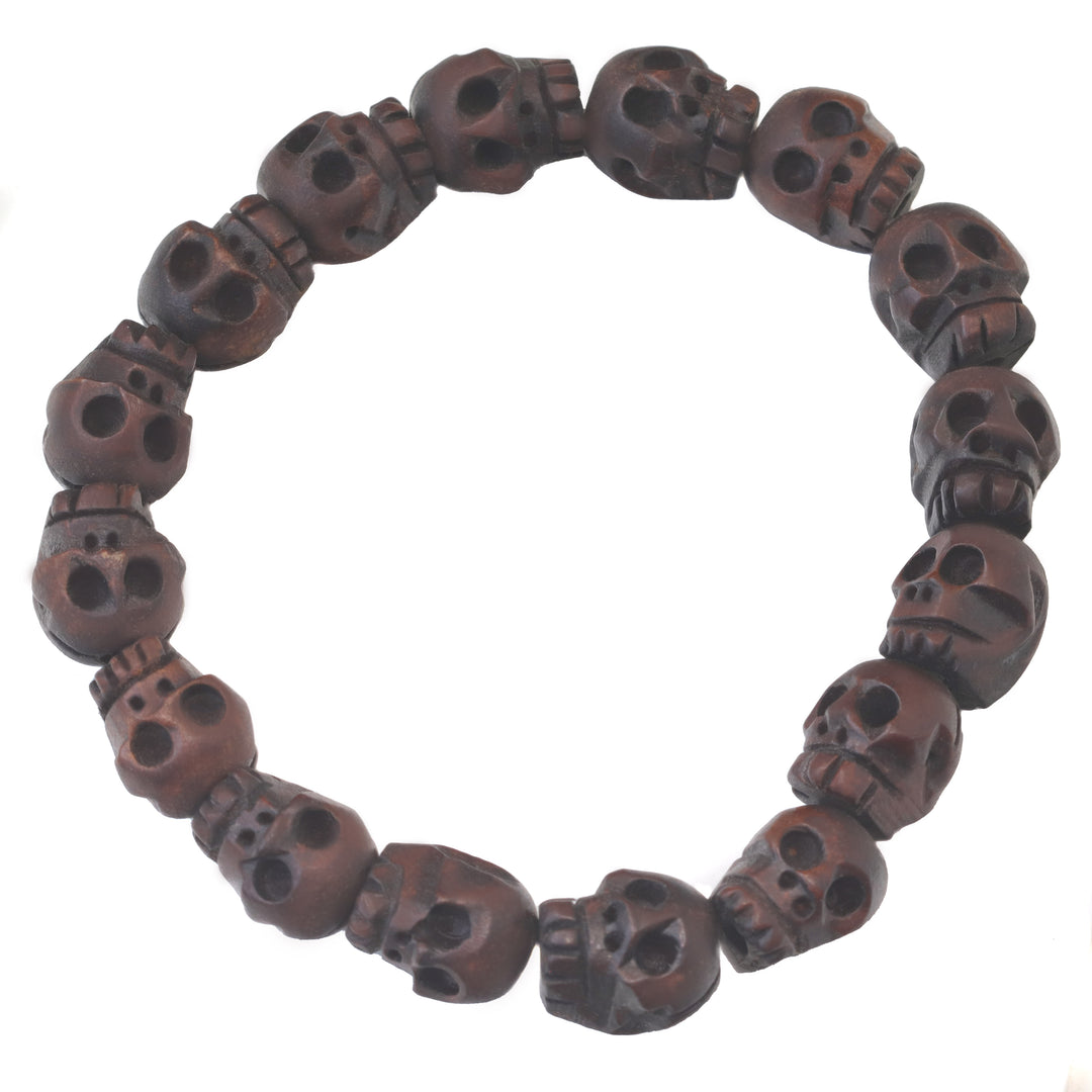 Skull Bracelet Carved Brown or Black Wood Small Medium Large Size Wooden Skulls 7 8 9 Inch Women Man Men's Bracelet Stretchy Tibetan Prayer
