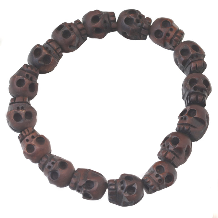 Skull Bracelet Carved Brown or Black Wood Small Medium Large Size Wooden Skulls 7 8 9 Inch Women Man Men's Bracelet Stretchy Tibetan Prayer