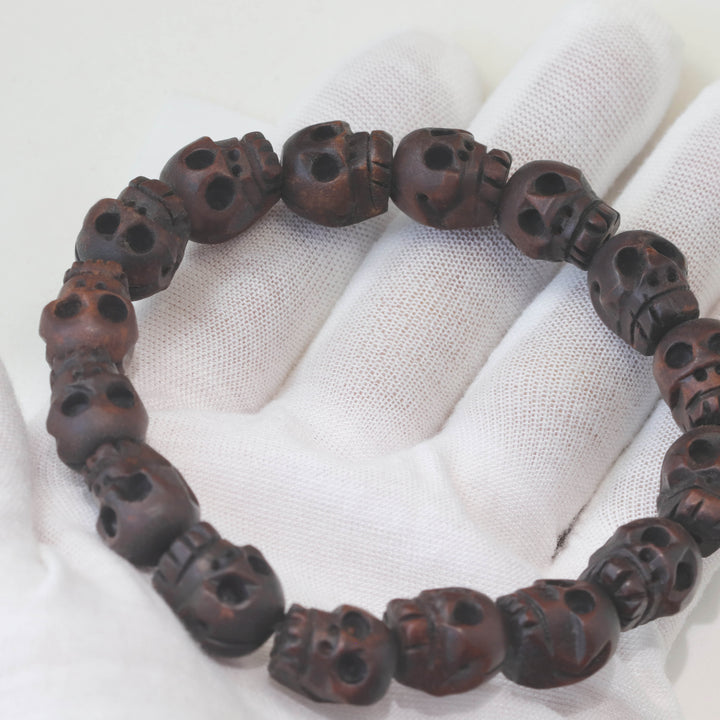 Skull Bracelet Carved Brown or Black Wood Small Medium Large Size Wooden Skulls 7 8 9 Inch Women Man Men's Bracelet Stretchy Tibetan Prayer