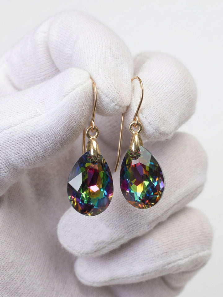 Spyglass Designs Earrings created with Crystals by Swarovski® 14k Solid Gold or Sterling Silver Dangles Multi Rainbow Color Dark