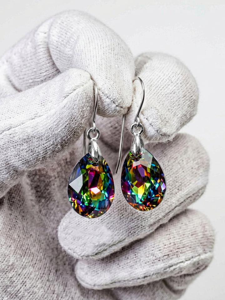 Spyglass Designs Earrings created with Crystals by Swarovski® 14k Solid Gold or Sterling Silver Dangles Multi Rainbow Color Dark