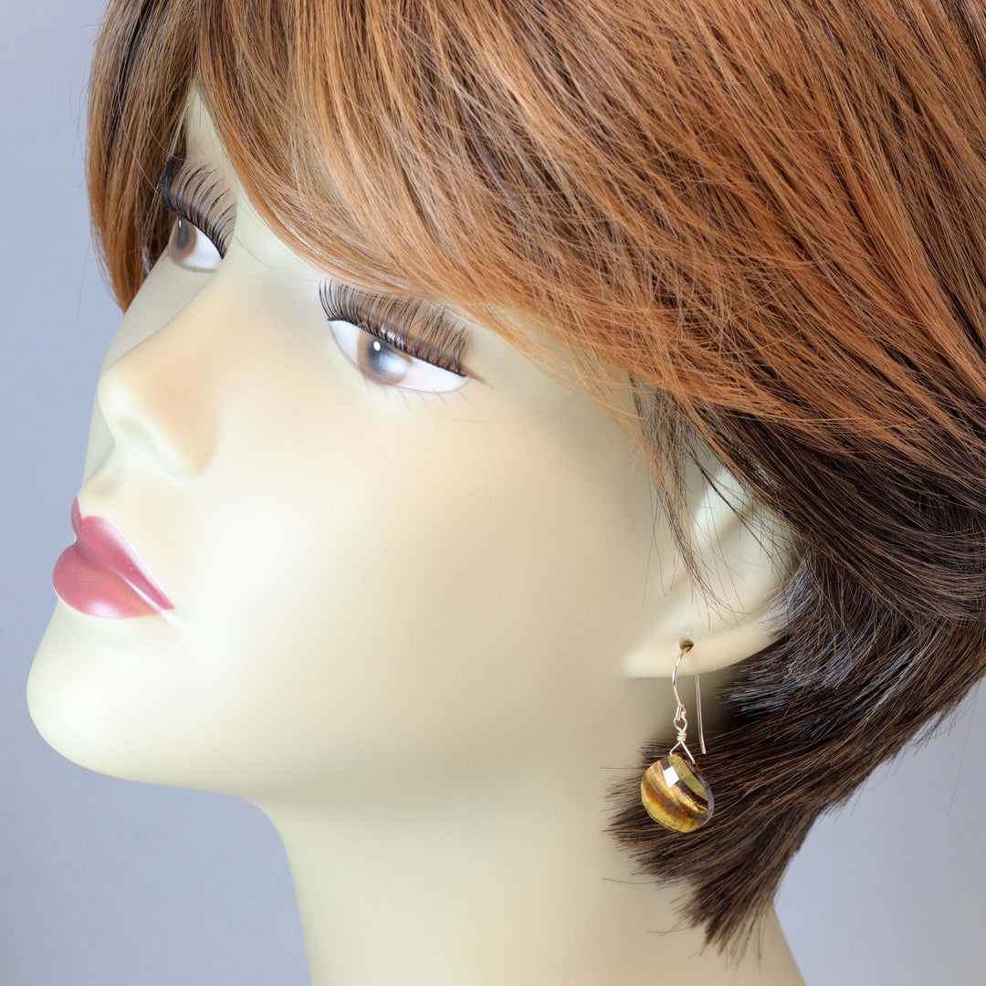 Tiger's Eye Earrings Faceted Heart Fat Teardrop dangle drop Sterling Silver or 14k Solid Gold or yellow or rose gold filled Natural Drops