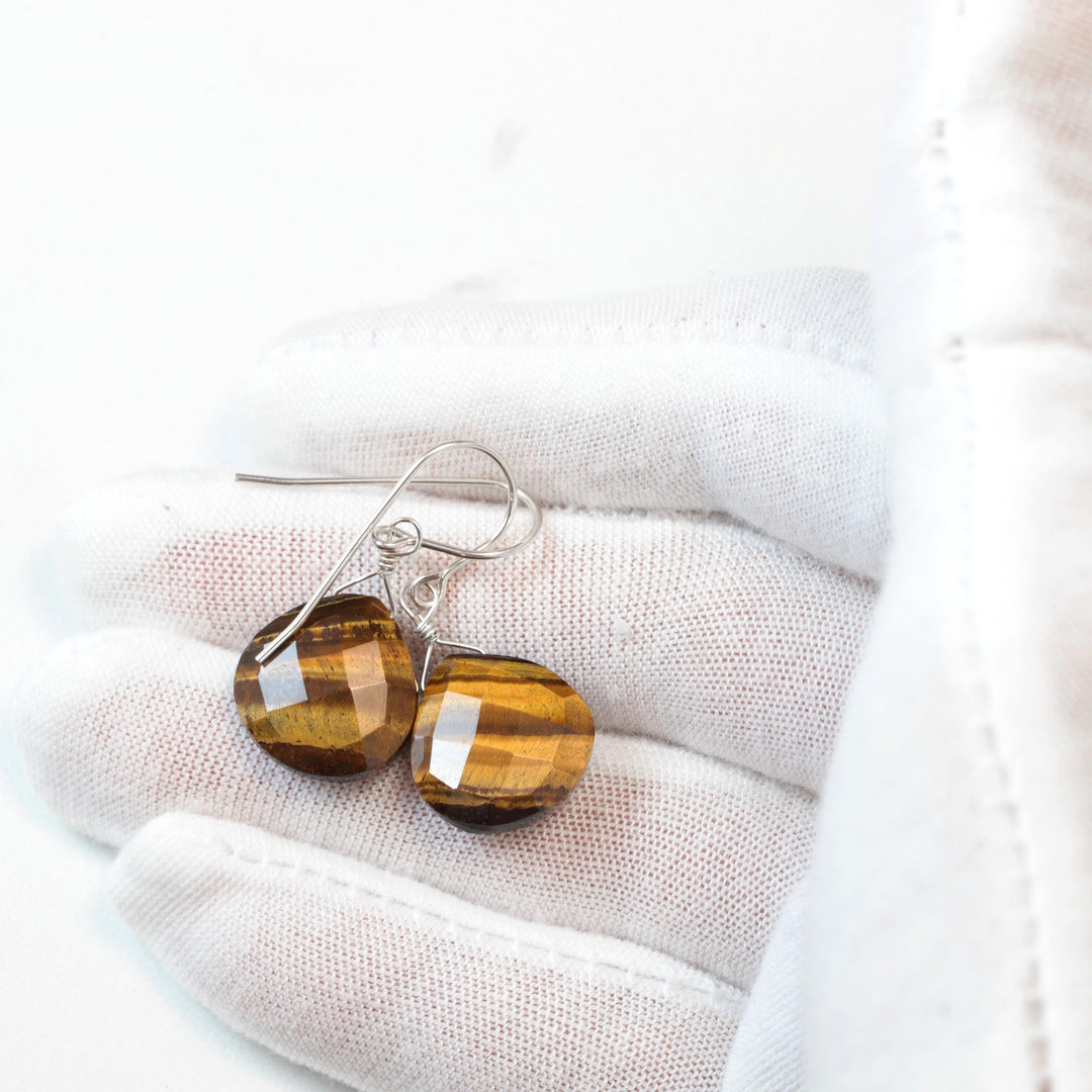 Tiger's Eye Earrings Faceted Heart Fat Teardrop dangle drop Sterling Silver or 14k Solid Gold or yellow or rose gold filled Natural Drops