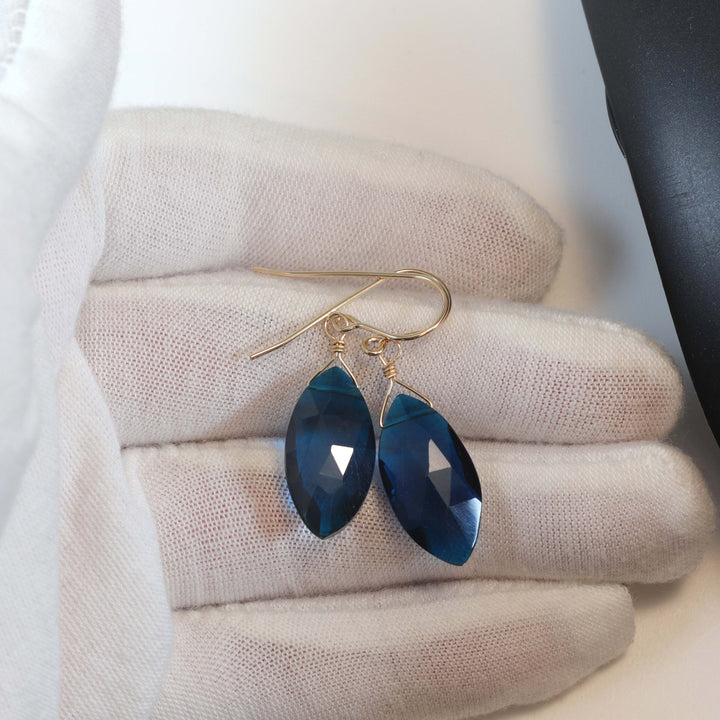 Teal Simulated Tourmaline Earrings Faceted Teardrop Marquise Long Sterling Silver or 14k Solid Gold or Filled Unique Teal Blue Green Deep Simple Drop