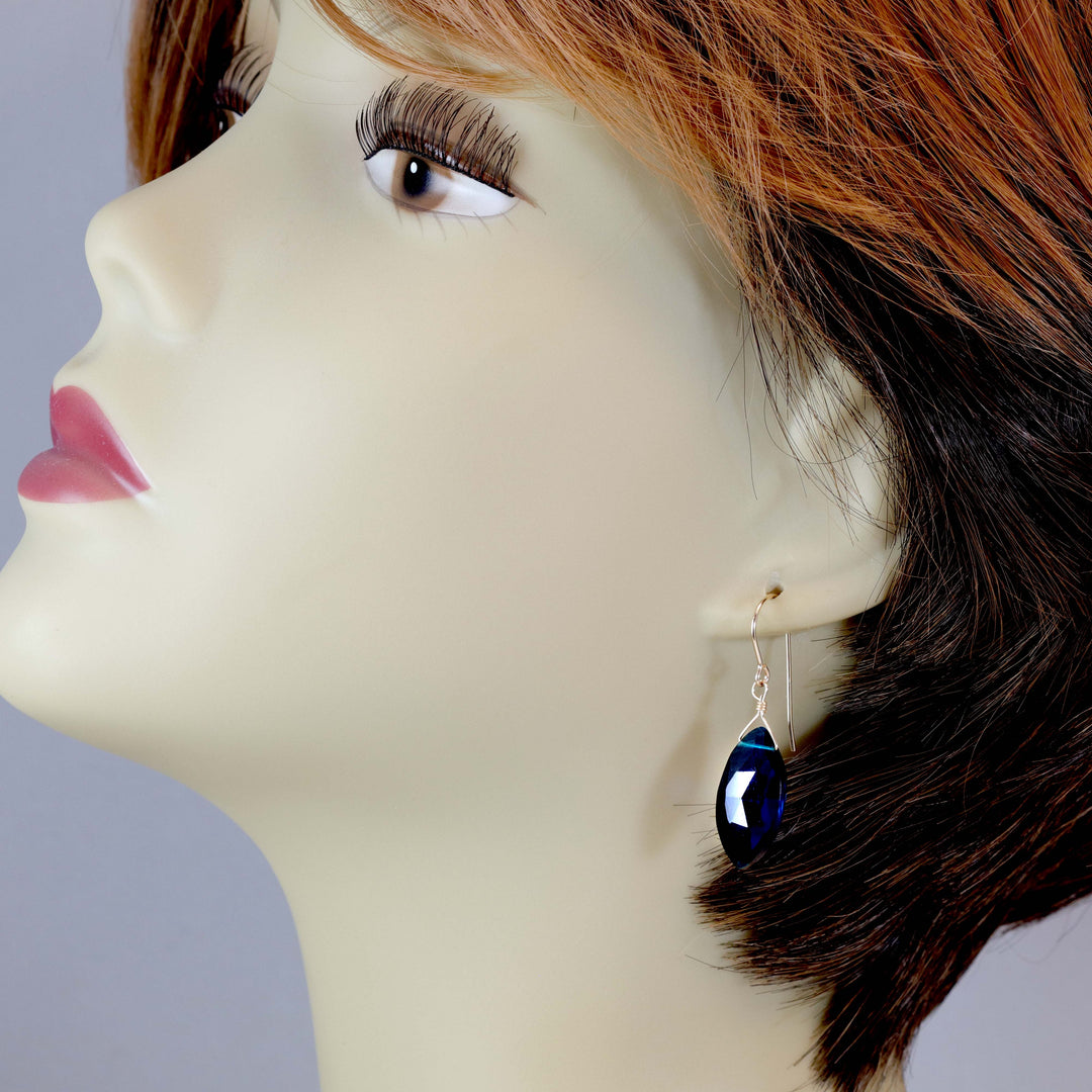 Teal Simulated Tourmaline Earrings Faceted Teardrop Marquise Long Sterling Silver or 14k Solid Gold or Filled Unique Teal Blue Green Deep Simple Drop