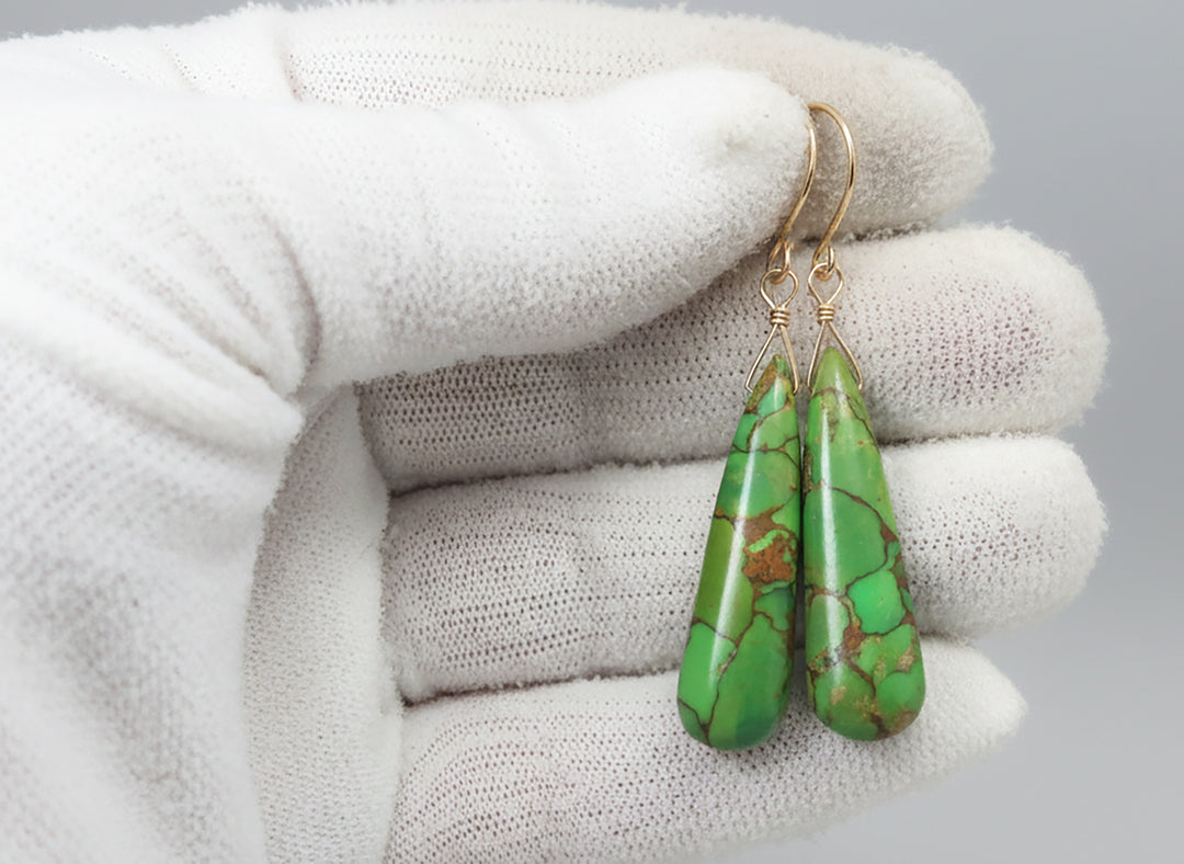 Copper MosaicTuquoise Earrings Green Smooth Large Long Narrow Briolettes Unique 14k solid yellow gold or filled or Sterling Silver Rare 2 In