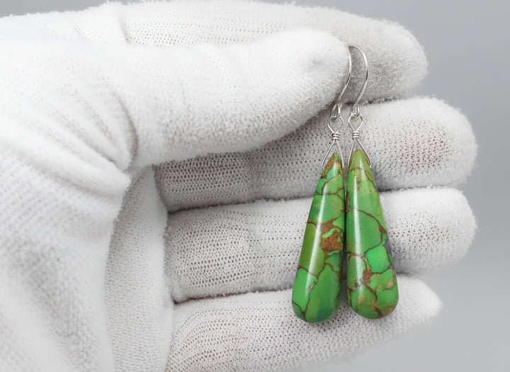Copper MosaicTuquoise Earrings Green Smooth Large Long Narrow Briolettes Unique 14k solid yellow gold or filled or Sterling Silver Rare 2 In