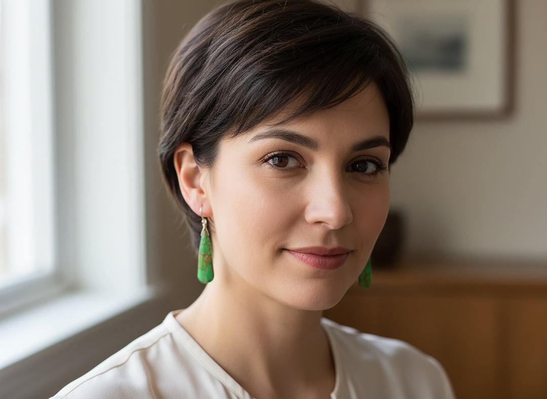 Copper MosaicTuquoise Earrings Green Smooth Large Long Narrow Briolettes Unique 14k solid yellow gold or filled or Sterling Silver Rare 2 In