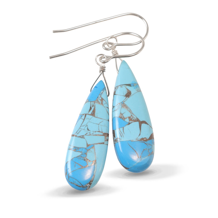 Copper Blue Turquoise Earrings Long Sterling Silver or 14k Solid Yellow Gold or Filled Mosaic Veining Simple Drops Spyglass Designs Earthy