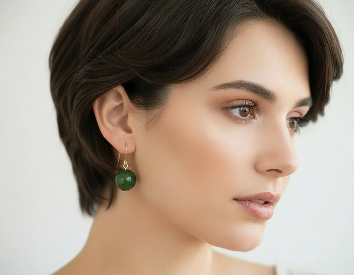 Nephrite Green Jade Earrings Simple Large Round Drops Smooth Sterling Silver or 14k Solid Gold or Filled Smooth drops simple everyday - Spyglass Designs