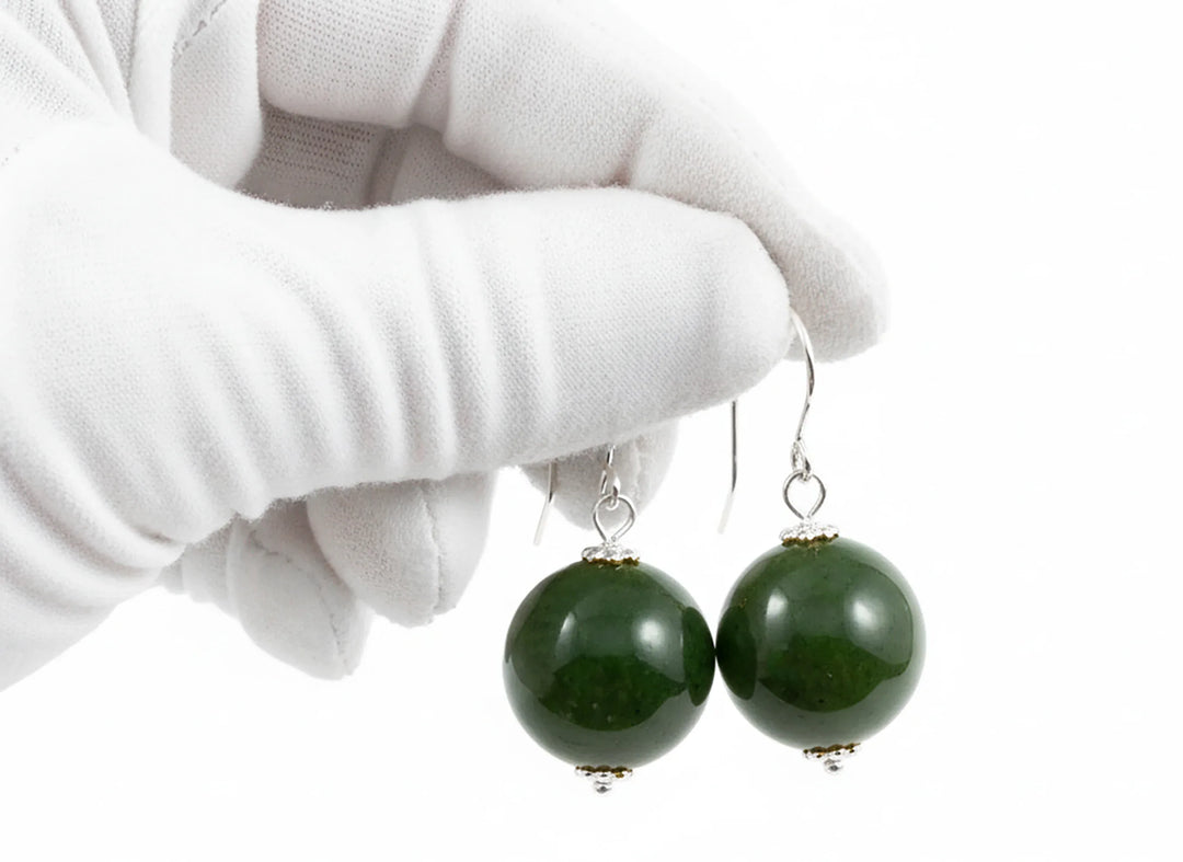 Nephrite Green Jade Earrings Simple Large Round Drops Smooth Sterling Silver or 14k Solid Gold or Filled Smooth drops simple everyday - Spyglass Designs