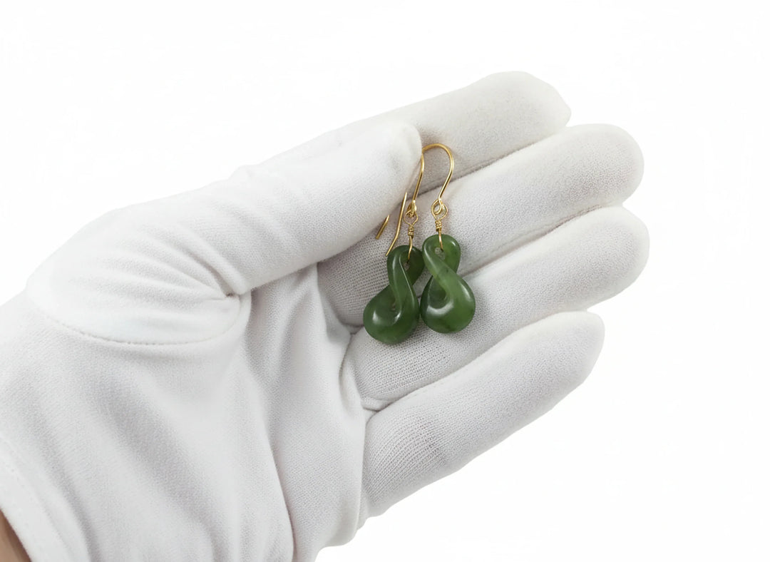 Natural Nephrite Green Jade Earrings Carved Double Infinity Teardrop 14k solid yellow gold or filled or Sterling Silver unique simple drops - Spyglass Designs