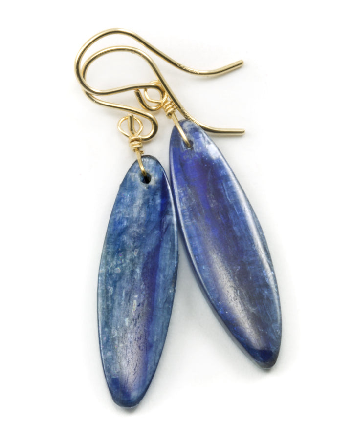 Blue Kyanite Earrings High Quality Smooth Narrow Teardrop 14k Solid Gold or Filled or Sterling Silver Rich contemporary simple