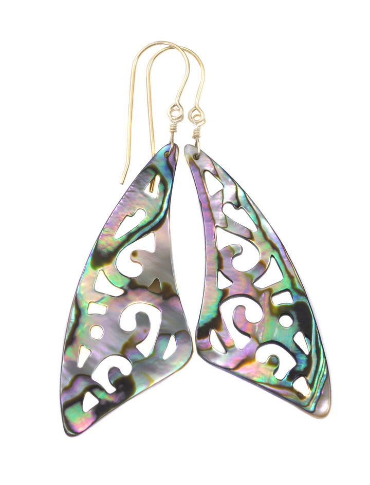 Mother of Pearl Abalone Earrings Shell Carved Relief Triangle Teardrop Natural 14k Solid Gold or Filled or Sterling Silver Large MOP Drops 2.6 Inch