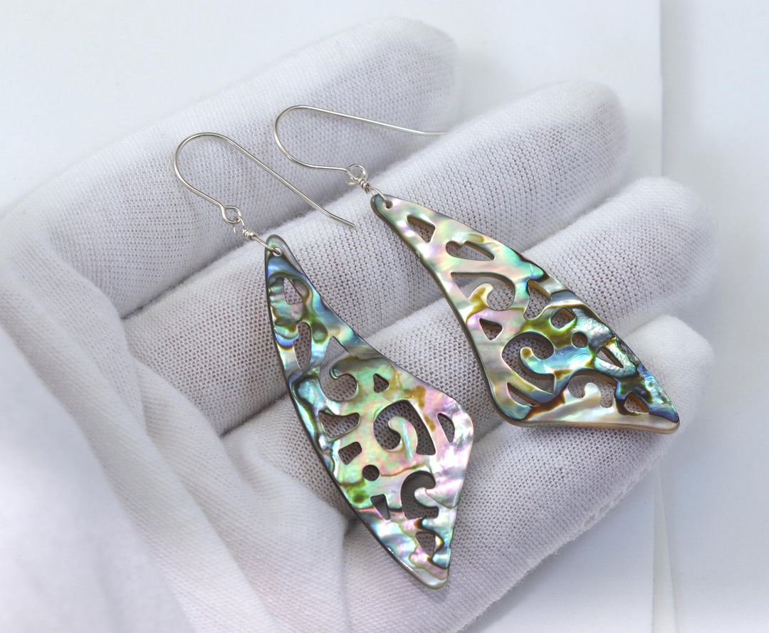 Mother of Pearl Abalone Earrings Shell Carved Relief Triangle Teardrop Natural 14k Solid Gold or Filled or Sterling Silver Large MOP Drops 2.6 Inch